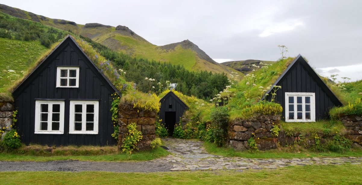 Two bungalows with greenery on the roof