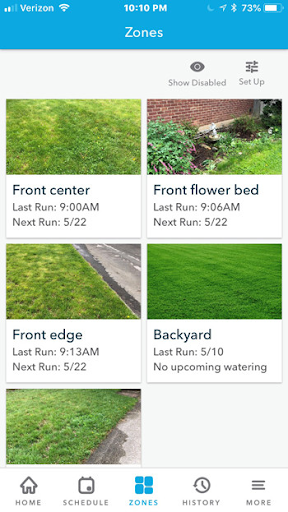 Rachio 3 app showing settings for different zones
