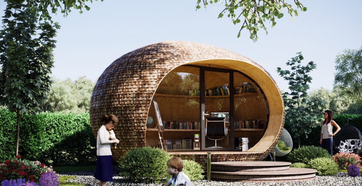 pod-shaped office, garden, children playing