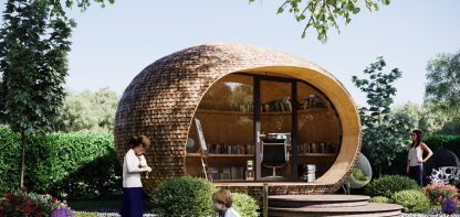 pod-shaped office, garden, children playing