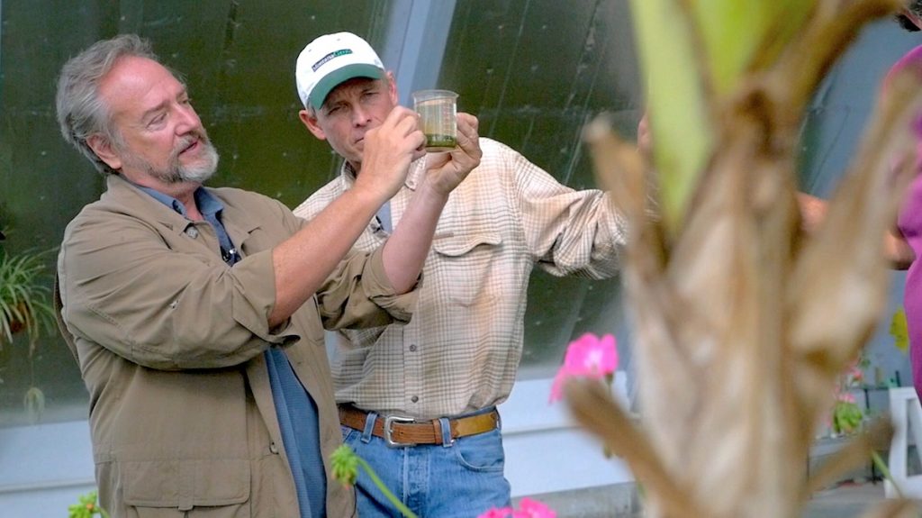 Two men looking at a jar