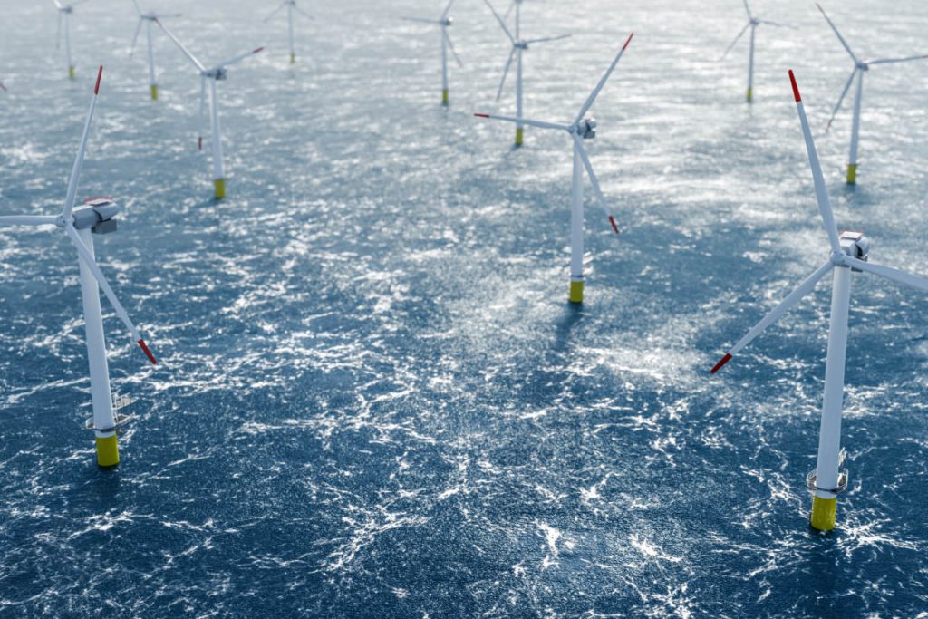 Off-shore electricity generating wind turbines in the sea