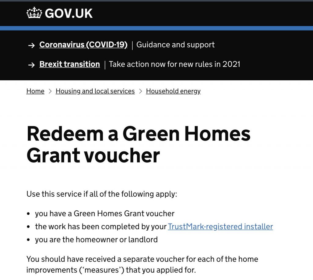 Green Homes Grant voucher redemption website